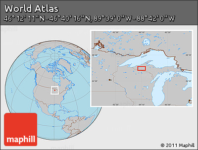 Gray Location Map of the Area around 46° 26' 14" N, 89° 10' 30" W