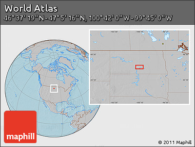 Gray Location Map of the Area around 46° 51' 18" N, 100° 13' 29" W, hill shading
