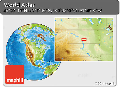 Physical Location Map of the Area around 46° 51' 18" N, 100° 13' 29" W