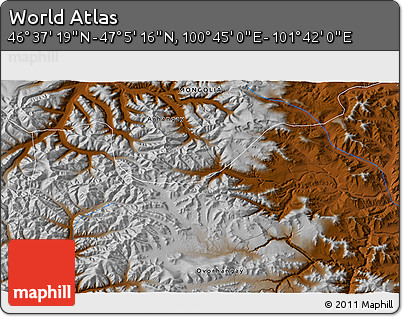 Physical 3D Map of the Area around 46° 51' 18" N, 101° 13' 29" E
