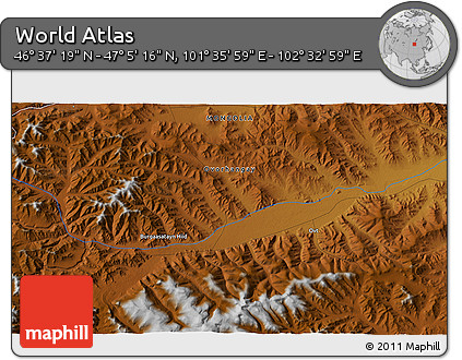 Physical 3D Map of the Area around 46° 51' 18" N, 102° 4' 29" E