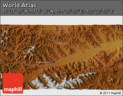 Physical 3D Map of the Area around 46° 51' 18" N, 102° 4' 29" E