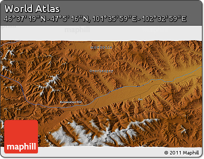 Physical 3D Map of the Area around 46° 51' 18" N, 102° 4' 29" E