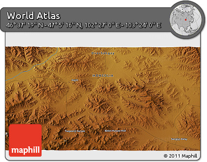 Physical 3D Map of the Area around 46° 51' 18" N, 102° 55' 30" E