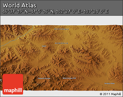 Physical 3D Map of the Area around 46° 51' 18" N, 102° 55' 30" E