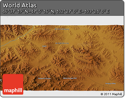 Physical 3D Map of the Area around 46° 51' 18" N, 102° 55' 30" E