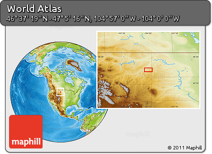 Physical Location Map of the Area around 46° 51' 18" N, 104° 28' 29" W