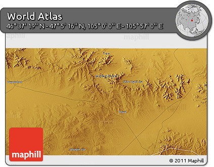 Physical 3D Map of the Area around 46° 51' 18" N, 105° 28' 29" E