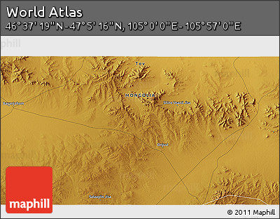 Physical 3D Map of the Area around 46° 51' 18" N, 105° 28' 29" E