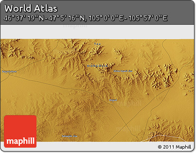 Physical 3D Map of the Area around 46° 51' 18" N, 105° 28' 29" E