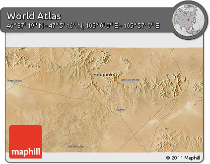 Satellite 3D Map of the Area around 46° 51' 18" N, 105° 28' 29" E