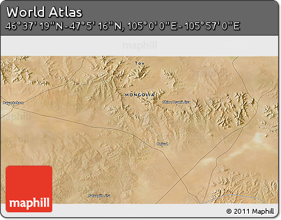 Satellite 3D Map of the Area around 46° 51' 18" N, 105° 28' 29" E