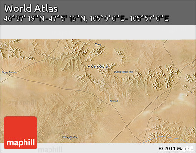 Satellite 3D Map of the Area around 46° 51' 18" N, 105° 28' 29" E