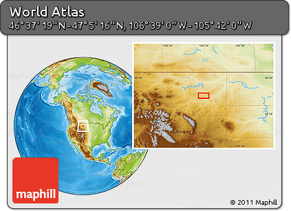 Physical Location Map of the Area around 46° 51' 18" N, 106° 10' 30" W