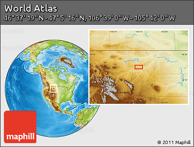 Physical Location Map of the Area around 46° 51' 18" N, 106° 10' 30" W