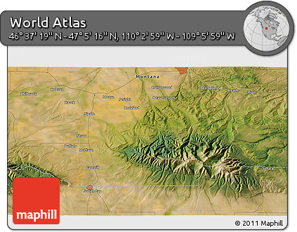 Satellite 3D Map of the Area around 46° 51' 18" N, 109° 34' 29" W