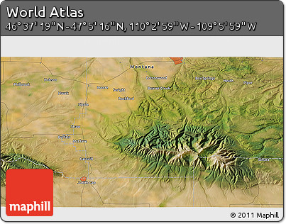 Satellite 3D Map of the Area around 46° 51' 18" N, 109° 34' 29" W