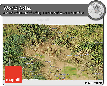 Satellite 3D Map of the Area around 46° 51' 18" N, 112° 7' 30" W