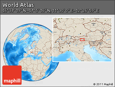 Shaded Relief Location Map of the Area around 46° 51' 18" N, 11° 58' 29" E