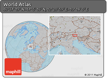 Gray Location Map of the Area around 46° 51' 18" N, 12° 49' 29" E, hill shading