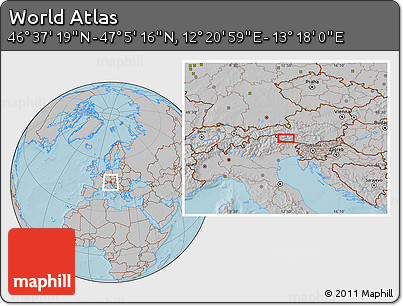 Gray Location Map of the Area around 46° 51' 18" N, 12° 49' 29" E, hill shading