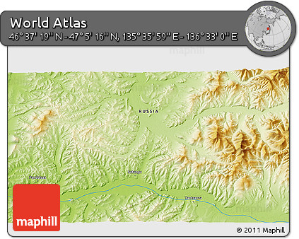 Physical 3D Map of the Area around 46° 51' 18" N, 136° 4' 29" E