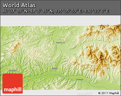 Physical 3D Map of the Area around 46° 51' 18" N, 136° 4' 29" E