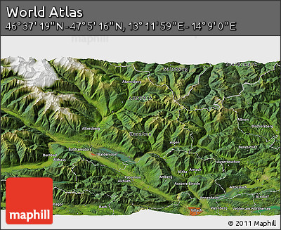 Satellite 3D Map of the Area around 46° 51' 18" N, 13° 40' 30" E