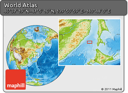 Physical Location Map of the Area around 46° 51' 18" N, 140° 19' 29" E
