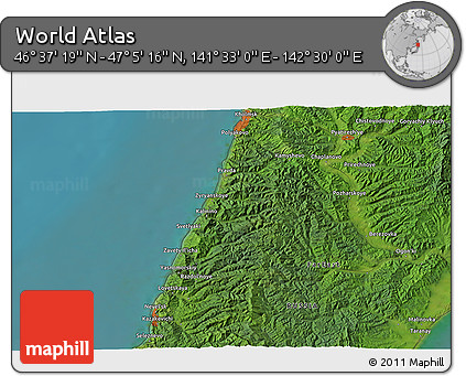 Satellite 3D Map of the Area around 46° 51' 18" N, 142° 1' 30" E