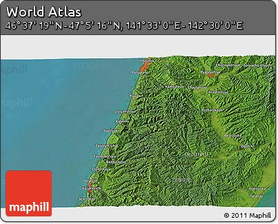 Satellite 3D Map of the Area around 46° 51' 18" N, 142° 1' 30" E
