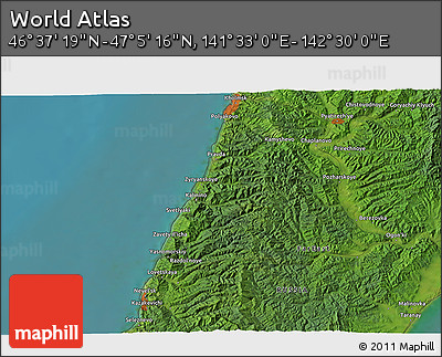 Satellite 3D Map of the Area around 46° 51' 18" N, 142° 1' 30" E