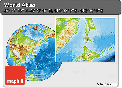 Physical Location Map of the Area around 46° 51' 18" N, 142° 1' 30" E