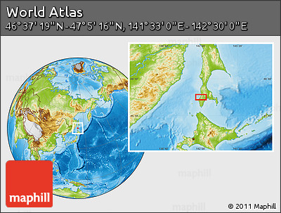 Physical Location Map of the Area around 46° 51' 18" N, 142° 1' 30" E