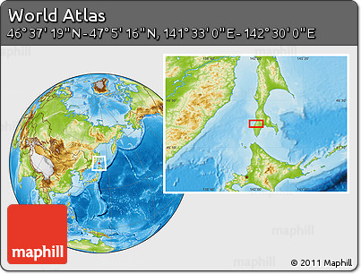 Physical Location Map of the Area around 46° 51' 18" N, 142° 1' 30" E