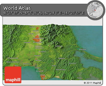 Satellite 3D Map of the Area around 46° 51' 18" N, 142° 52' 30" E