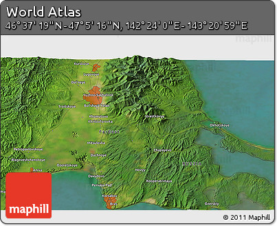 Satellite 3D Map of the Area around 46° 51' 18" N, 142° 52' 30" E