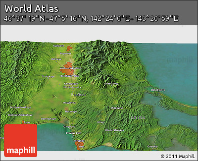 Satellite 3D Map of the Area around 46° 51' 18" N, 142° 52' 30" E