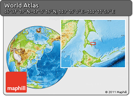 Physical Location Map of the Area around 46° 51' 18" N, 143° 43' 29" E