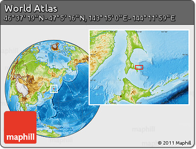Physical Location Map of the Area around 46° 51' 18" N, 143° 43' 29" E