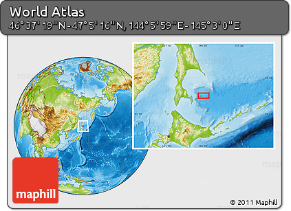 Physical Location Map of the Area around 46° 51' 18" N, 144° 34' 29" E