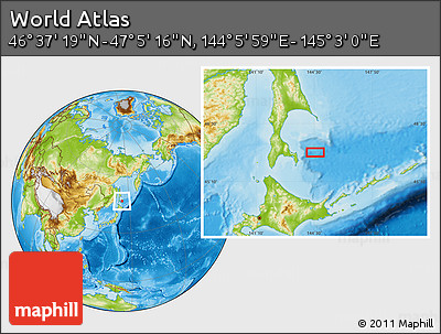 Physical Location Map of the Area around 46° 51' 18" N, 144° 34' 29" E