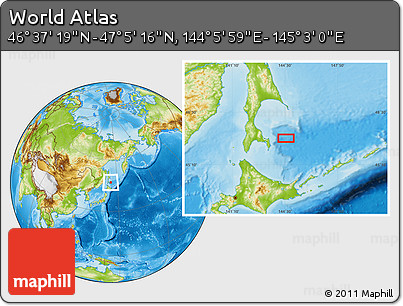 Physical Location Map of the Area around 46° 51' 18" N, 144° 34' 29" E