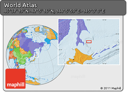 Political Location Map of the Area around 46° 51' 18" N, 144° 34' 29" E