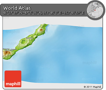 Physical 3D Map of the Area around 46° 51' 18" N, 152° 13' 29" E
