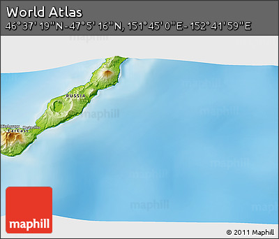 Physical 3D Map of the Area around 46° 51' 18" N, 152° 13' 29" E