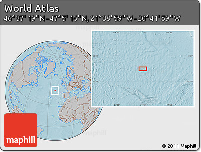 Gray Location Map of the Area around 46° 51' 18" N, 21° 10' 29" W, hill shading