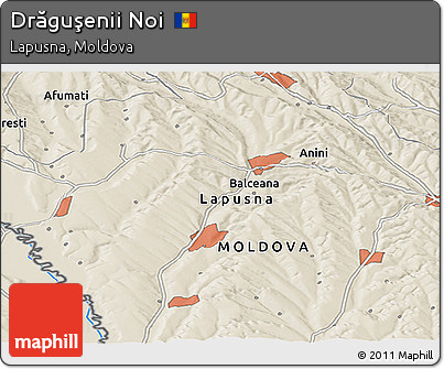 Shaded Relief Panoramic Map of Drăguşenii Noi