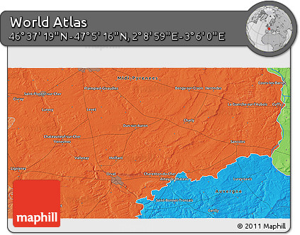 Political 3D Map of the Area around 46° 51' 18" N, 2° 37' 30" E