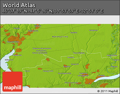 Physical 3D Map of the Area around 46° 51' 18" N, 32° 22' 30" E